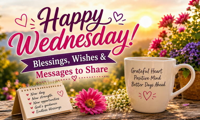 Happy Wednesday wishes image with coffee mug, notepad, and bright morning flowers