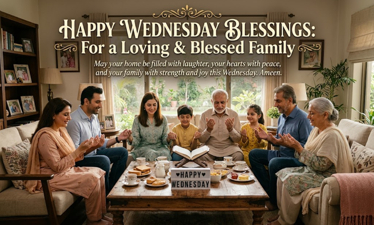 Happy Wednesday blessings for a loving and blessed family praying at home table