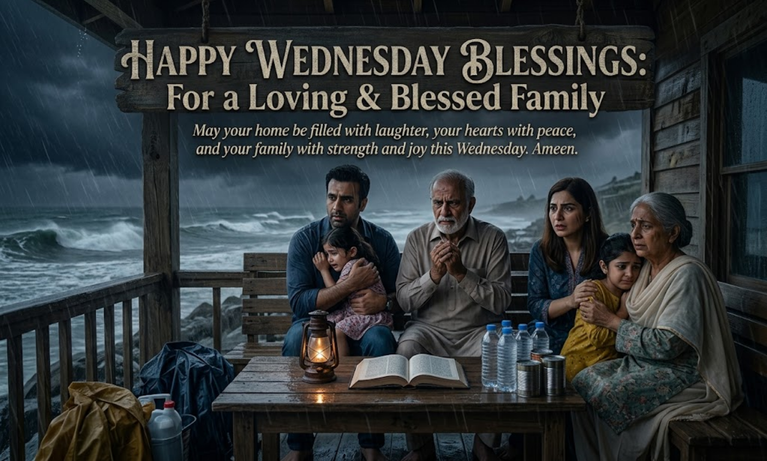 Happy Wednesday blessings family prayer image during rainy weather on shelter porch
