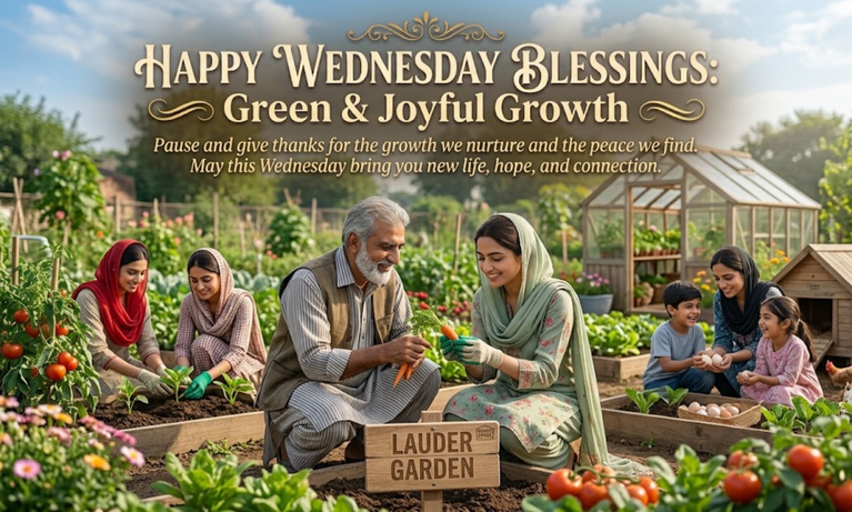 Happy Wednesday blessings green and joyful growth image with family harvesting garden produce