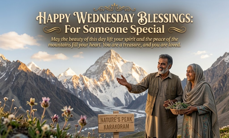 Happy Wednesday blessings for someone special featuring older couple at Karakoram mountain peak