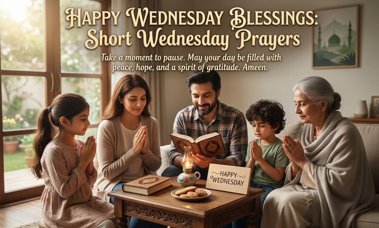 Short Wednesday prayers image showing South Asian family reading scripture together