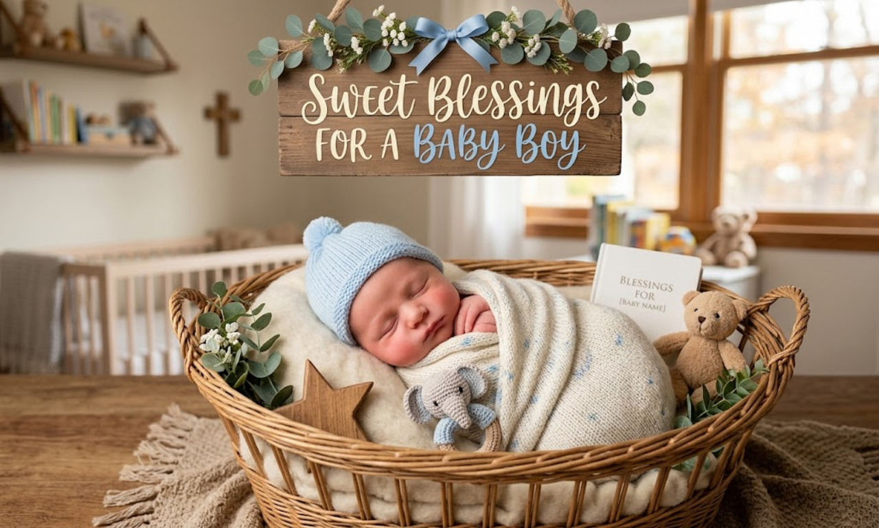 Sleeping newborn baby boy wearing a light blue hat wrapped in a blanket, featured under a hanging wooden sign reading 'Sweet Blessings for a Baby Boy'.