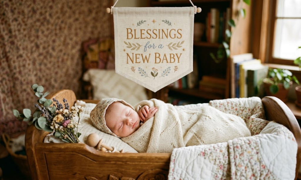 Newborn baby sleeping peacefully in a vintage wooden crib with a banner reading "Blessings for a New Baby".