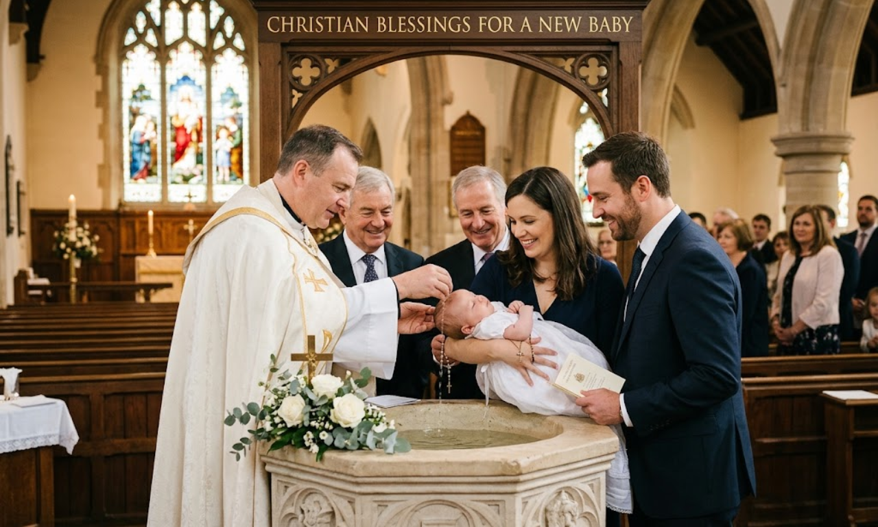 Christian blessings for a new baby during a church baptism ceremony with parents and priest.