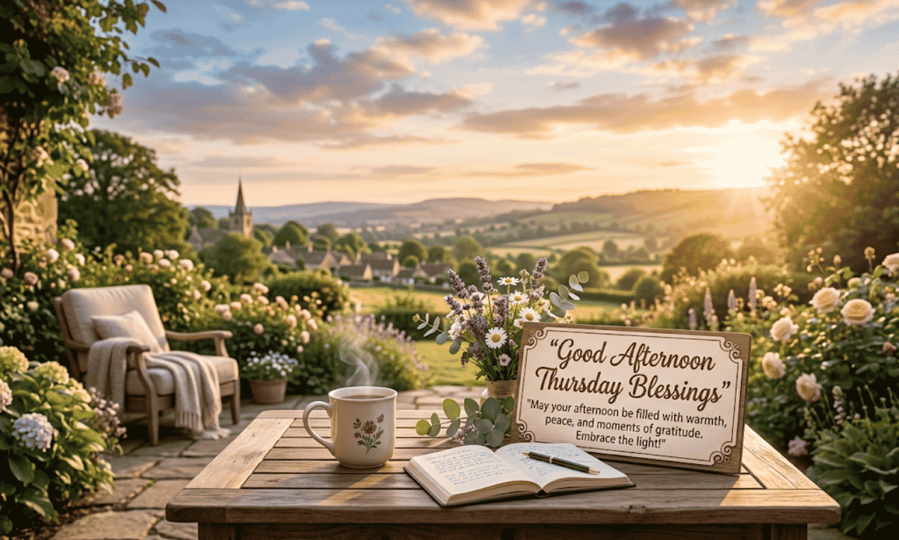 A steaming mug and journal on a patio table next to a wooden sign overlooking a rolling landscape with text overlay reading Good Afternoon Thursday Blessings.