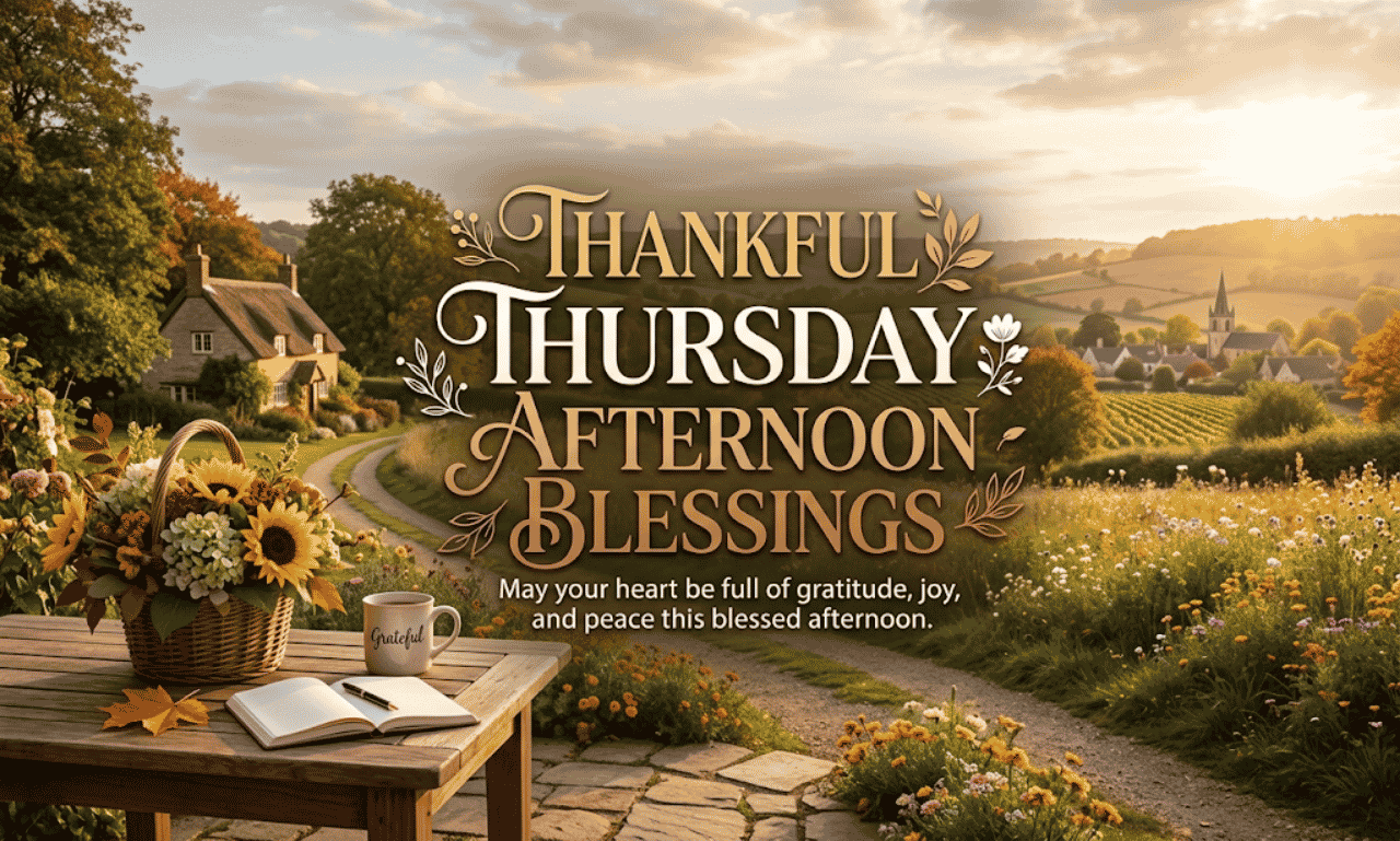An open journal, mug, and sunflower basket on a wooden table overlooking a countryside cottage with text overlay reading Thankful Thursday Afternoon Blessings.