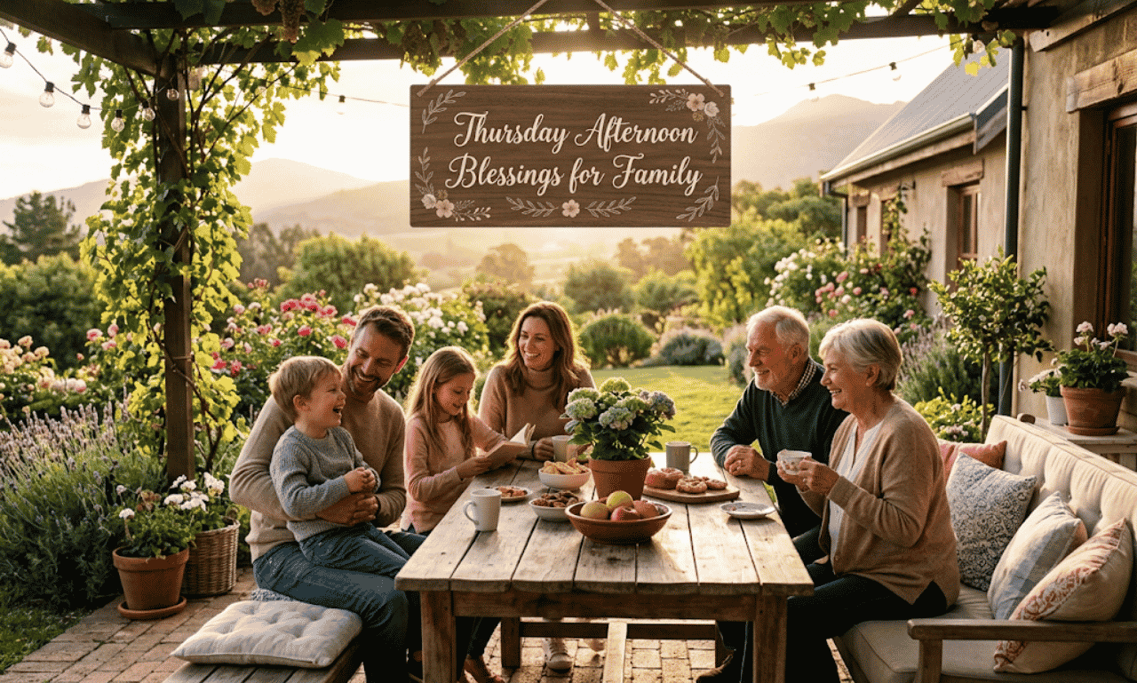 A multi-generational family sitting together around a rustic outdoor dining table on a patio with a wooden sign overlay reading Thursday Afternoon Blessings for Family.