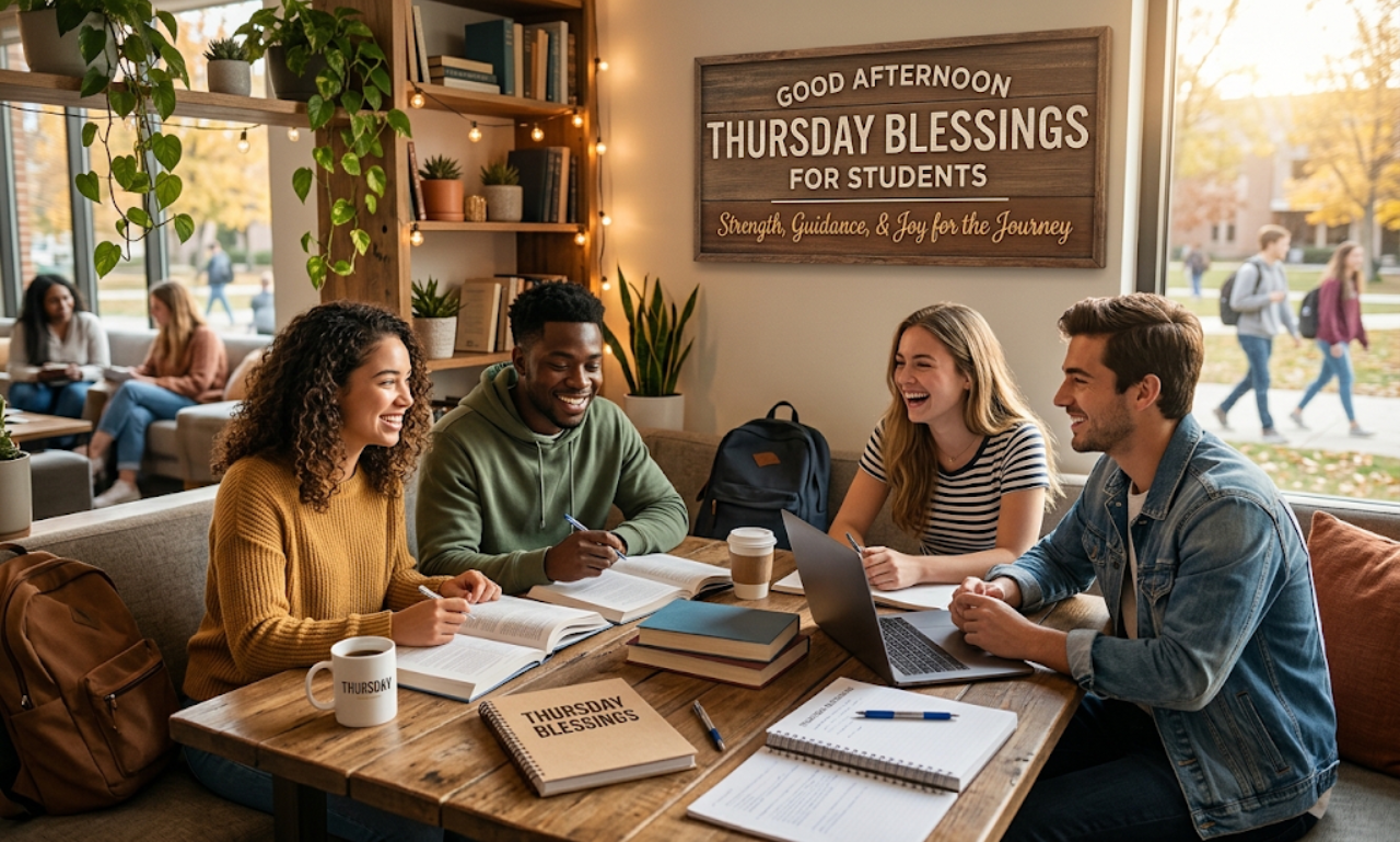 Four students studying together around a wooden table in a brightly lit library with a sign reading Good Afternoon Thursday Blessings for Students.