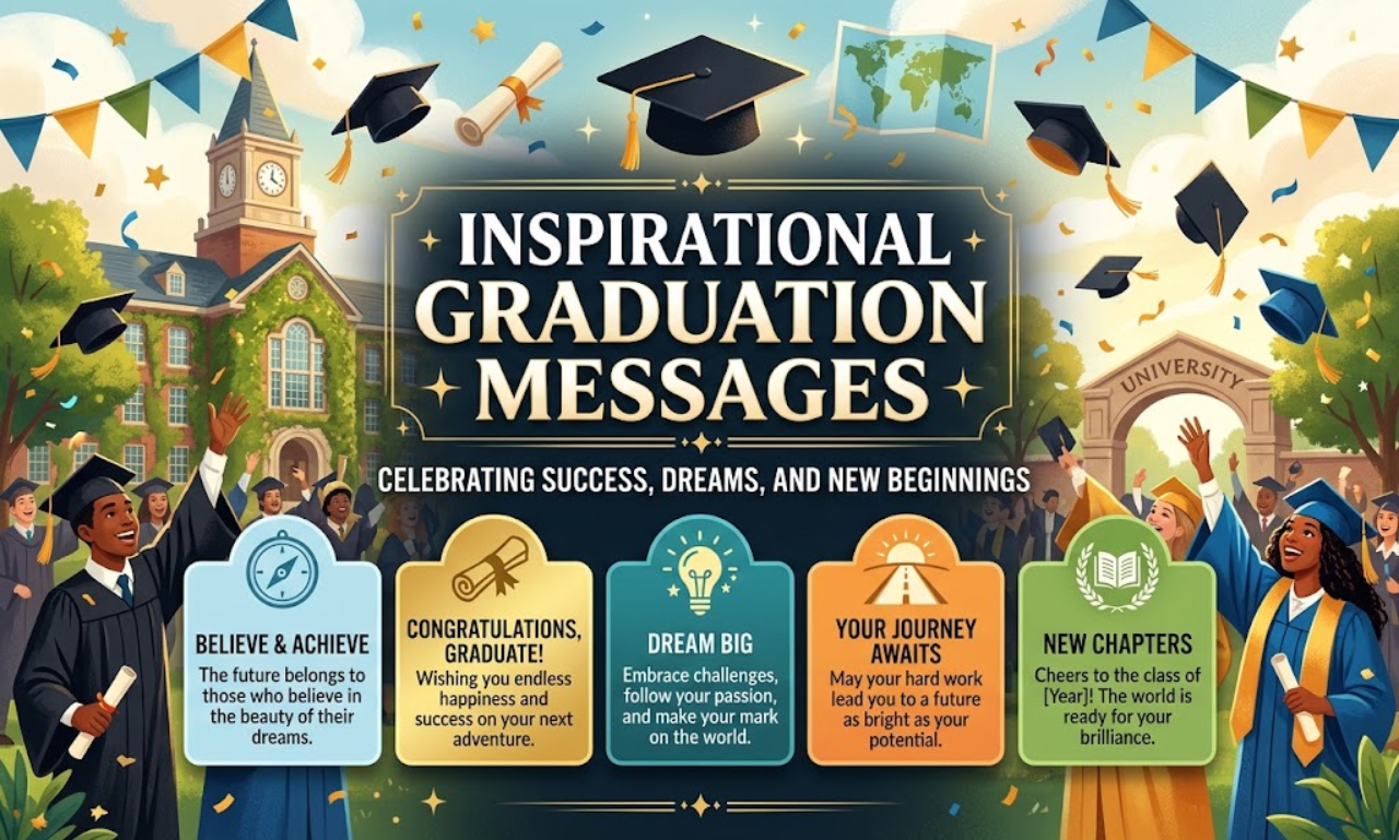 Inspirational graduation messages graphic featuring celebrating graduates in caps and gowns with key uplifting quotes.