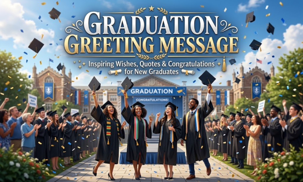 Graduation greeting message featured image showing celebrating graduates in caps and gowns throwing confetti on campus.