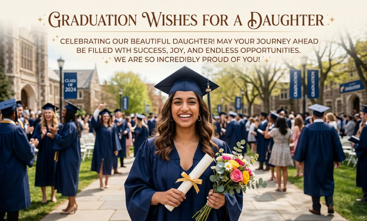 Graduation wishes for a daughter featuring a happy female graduate holding a diploma and flowers