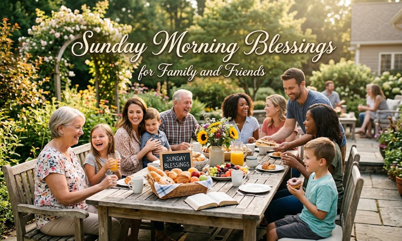 Sunday morning blessings image featuring a happy family gathered around an outdoor breakfast table in a sunlit garden.