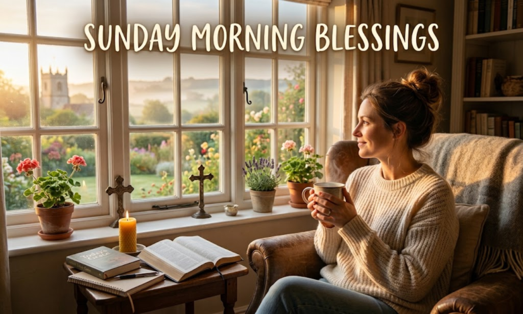 Woman enjoying a peaceful Sunday morning blessing with tea and an open Bible by the window.