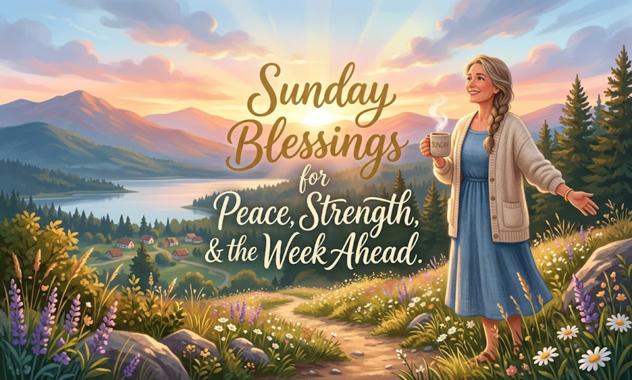 Woman holding a coffee cup outdoors at sunrise with text reading Sunday Morning Blessings for Peace, Strength, and the Week Ahead