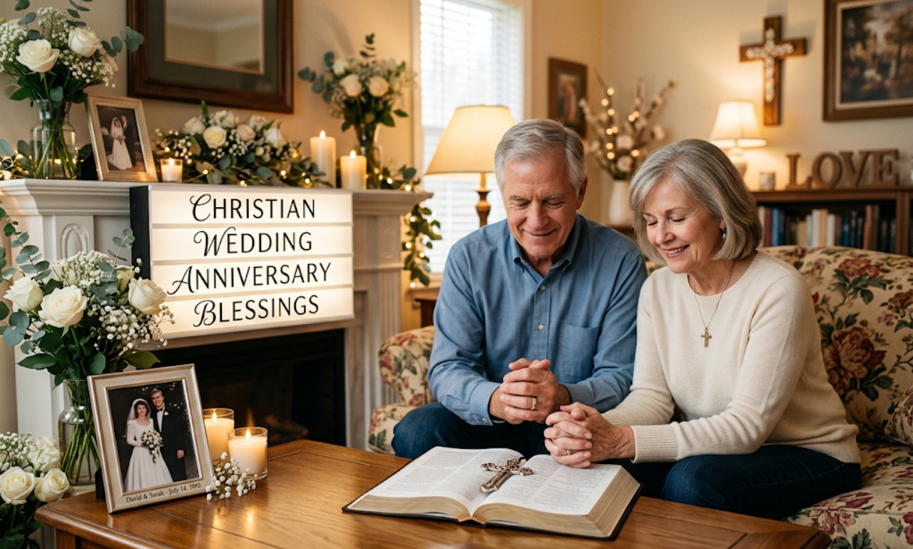 Christian wedding anniversary blessings featured in a warm scene of a loving couple praying together over an open Bible with candles and floral decorations.