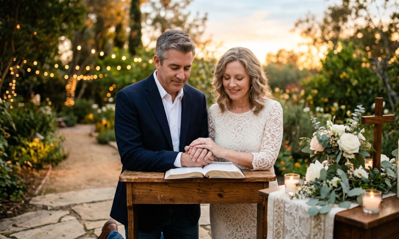 Husband and wife praying together over an open Bible in a garden during a wedding anniversary blessing.