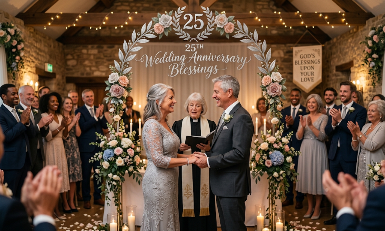 A middle-aged couple in elegant silver-grey attire stands smiling, holding hands under a floral and silver laurel arch with the number "25" and the words "Wedding Anniversary Blessings," as an officiant reads