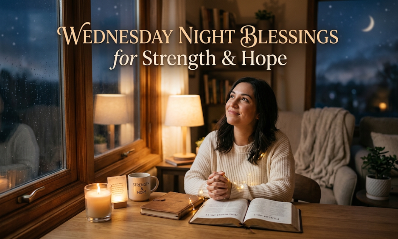 Wednesday Night Blessings for Strength and Hope featured image showing a woman praying at a cozy desk with a Bible and candle lit in the evening.