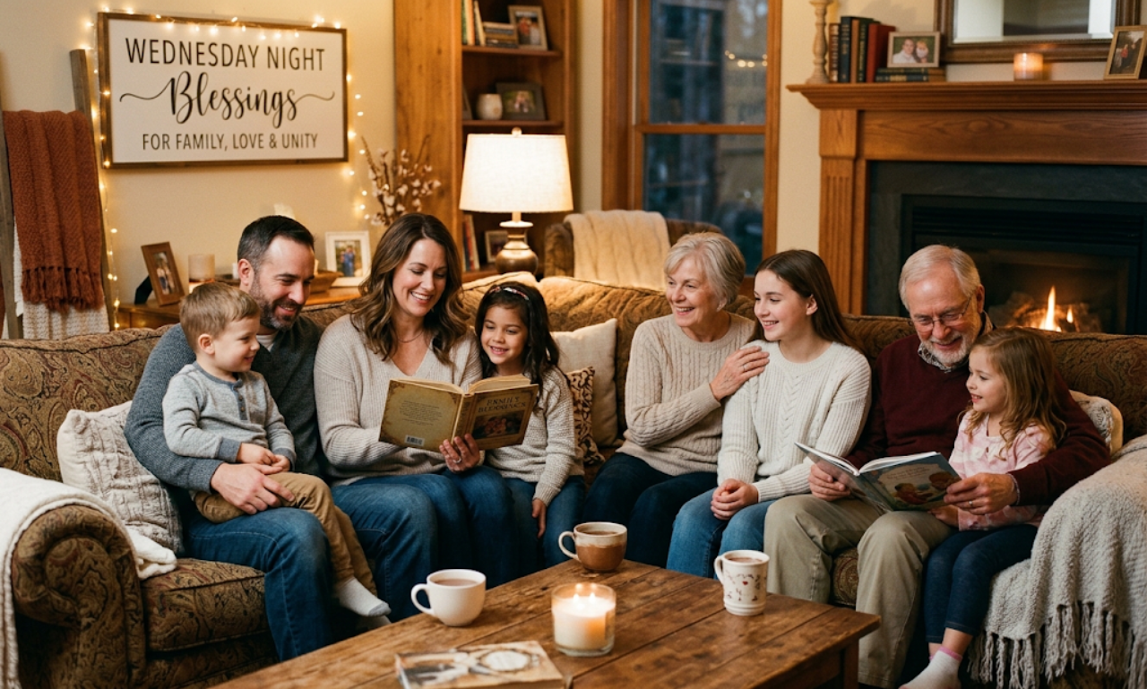 A multi-generational family gathered comfortably on a living room sofa around a warm fireplace, reading together in a cozy setting with a wall sign that reads "Wednesday Night Blessings."