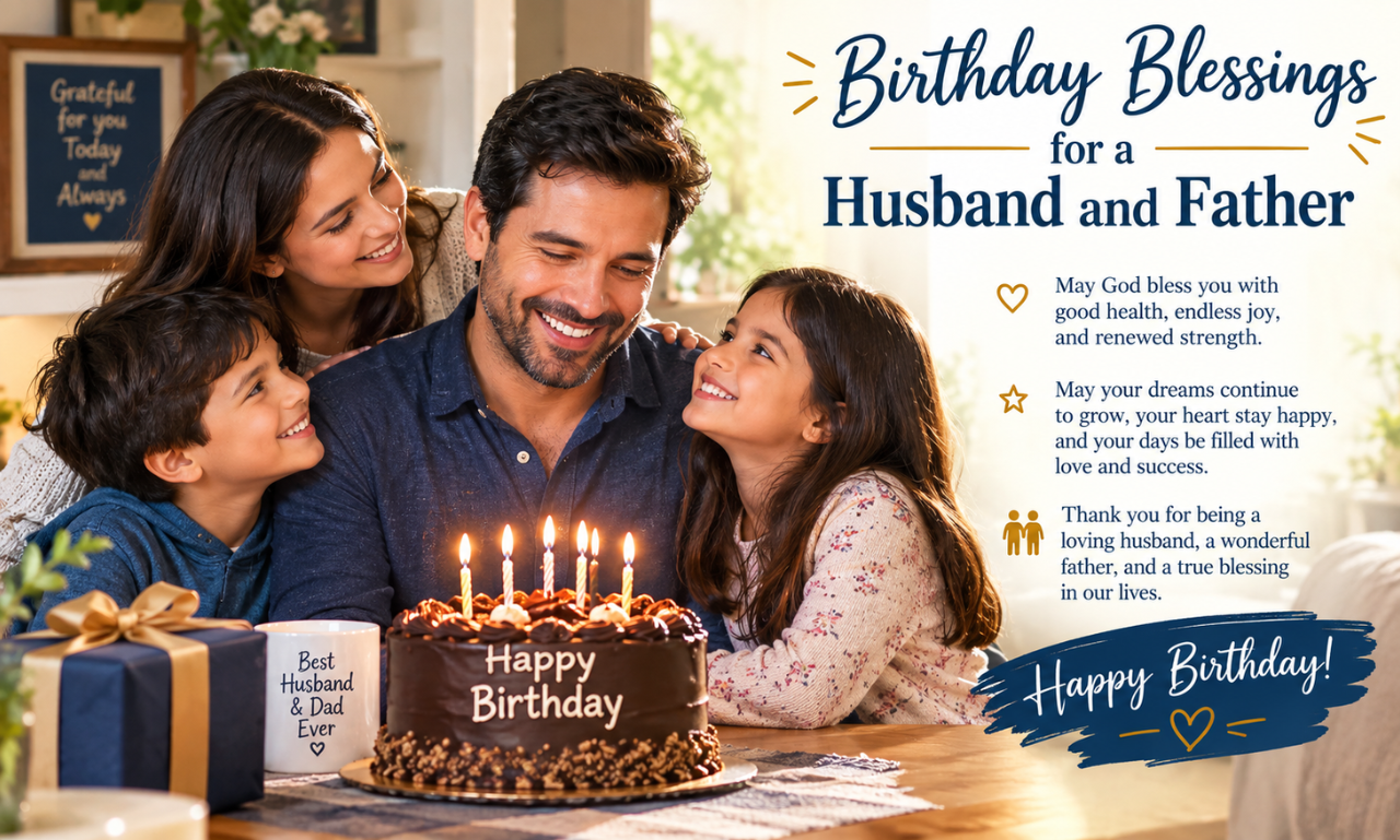 Birthday blessings for a husband and father with wife and children celebrating around a birthday cake