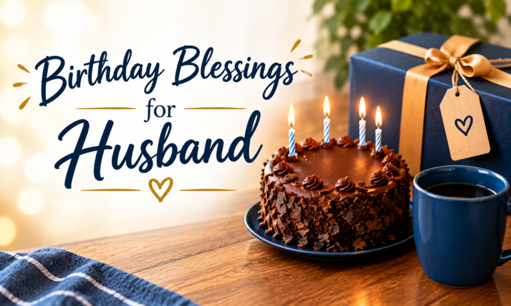 Birthday blessings for husband with chocolate birthday cake, candles, gift box, and warm romantic celebration setup.