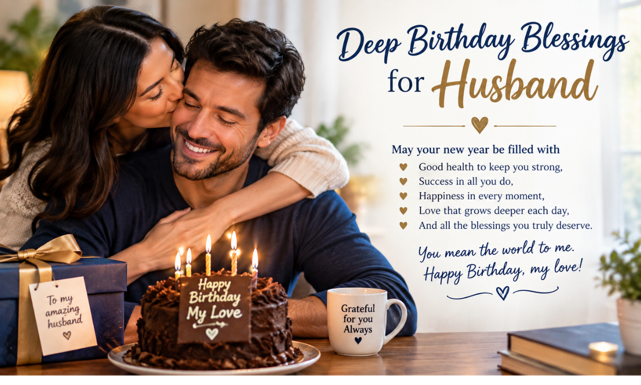 Deep birthday blessings for husband with loving couple celebrating a birthday, chocolate cake, candles, gifts, and heartfelt birthday wishes.