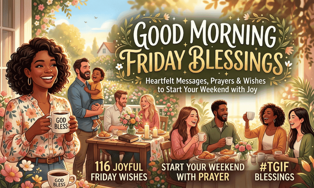 A cheerful family gathering for breakfast on a sunlit patio with text overlay reading Good Morning Friday Blessings