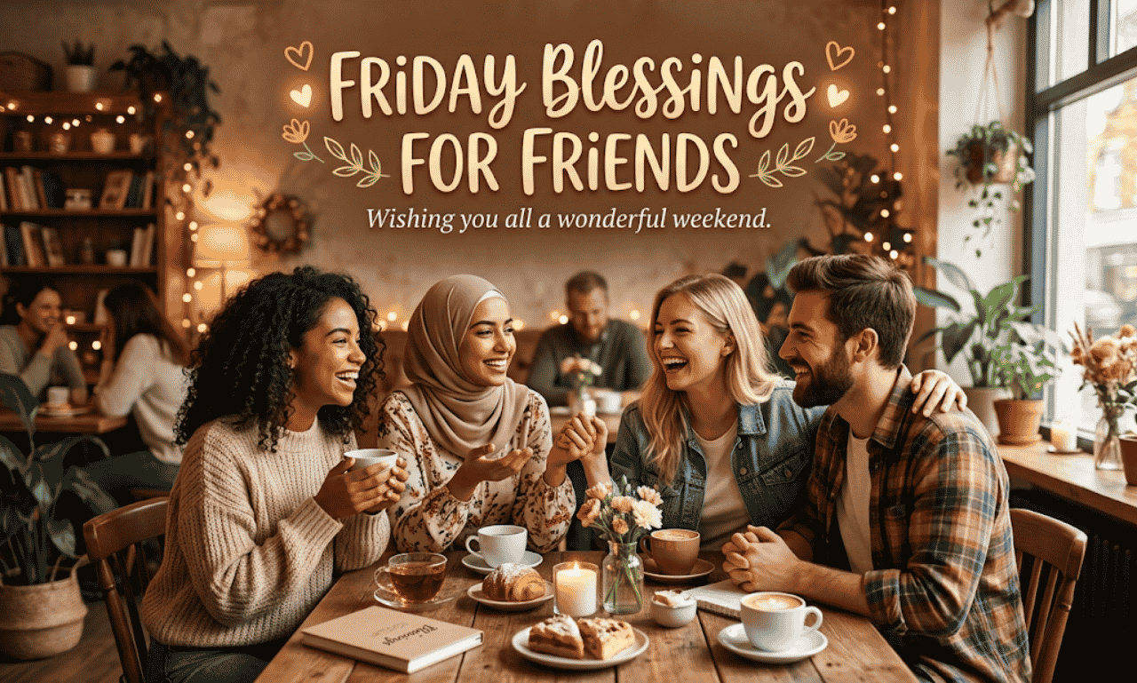 A diverse group of friends enjoying coffee and pastries at a warm cozy cafe with text overlay reading Friday Blessings for Friends