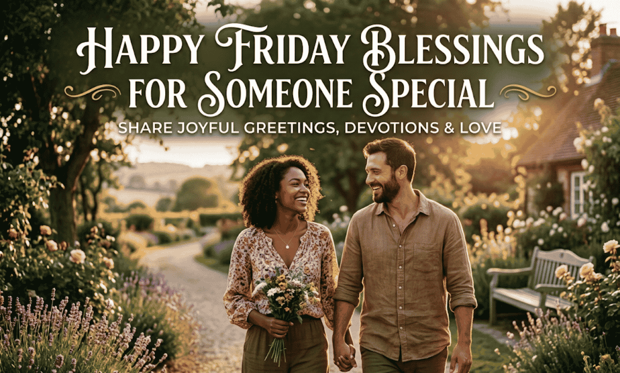 A smiling couple walking hand-in-hand down a garden pathway with text overlay reading Happy Friday Blessings for Someone Special