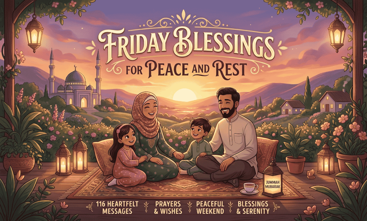 A Muslim family sitting together on a woven rug on a porch with a mosque in the background and text overlay reading Friday Blessings for Peace and Rest