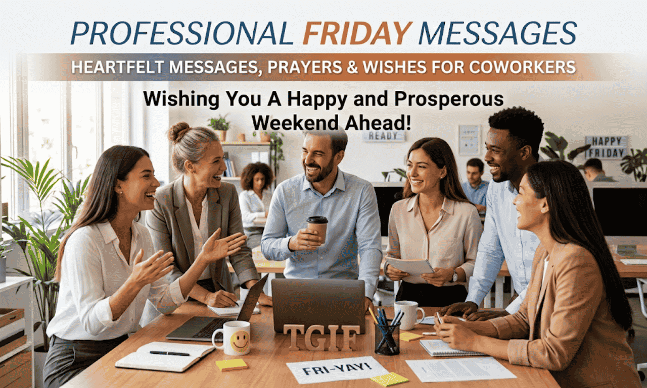 Diverse colleagues discussing ideas around a conference table in a modern office with text overlay reading Professional Friday Messages