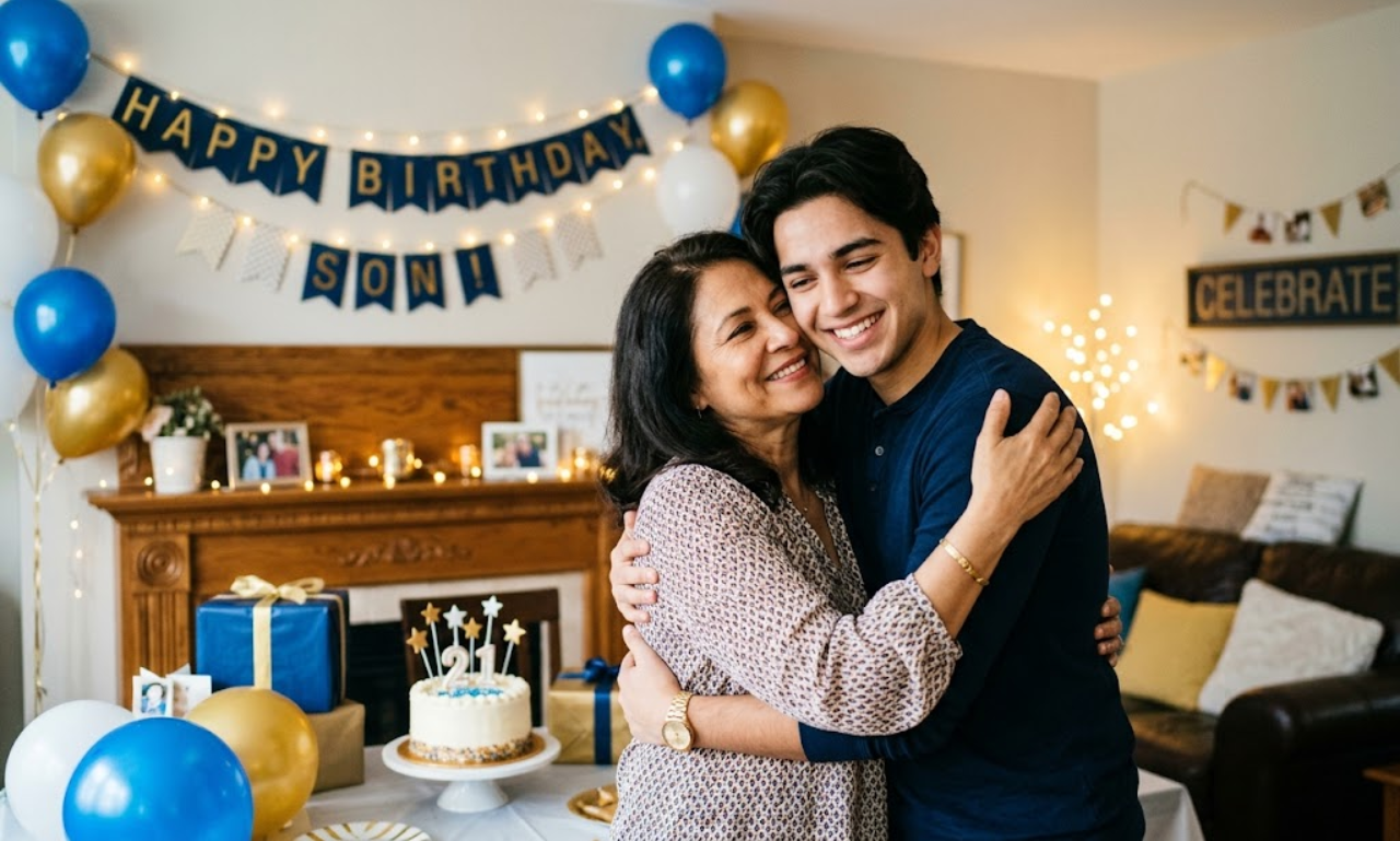 A mother and her teenage son share a warm, joyful embrace in a decorated living room, celebrating a birthday. The background features a "Happy Birthday Son" banner, string lights, colorful balloons, and a decorated birthday cake on a table.