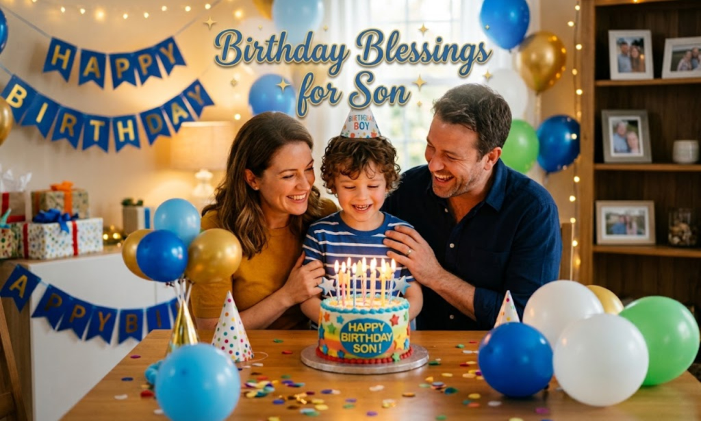"Happy family celebrating a young boy's birthday with a cake and balloons with Birthday Blessings for Son text."