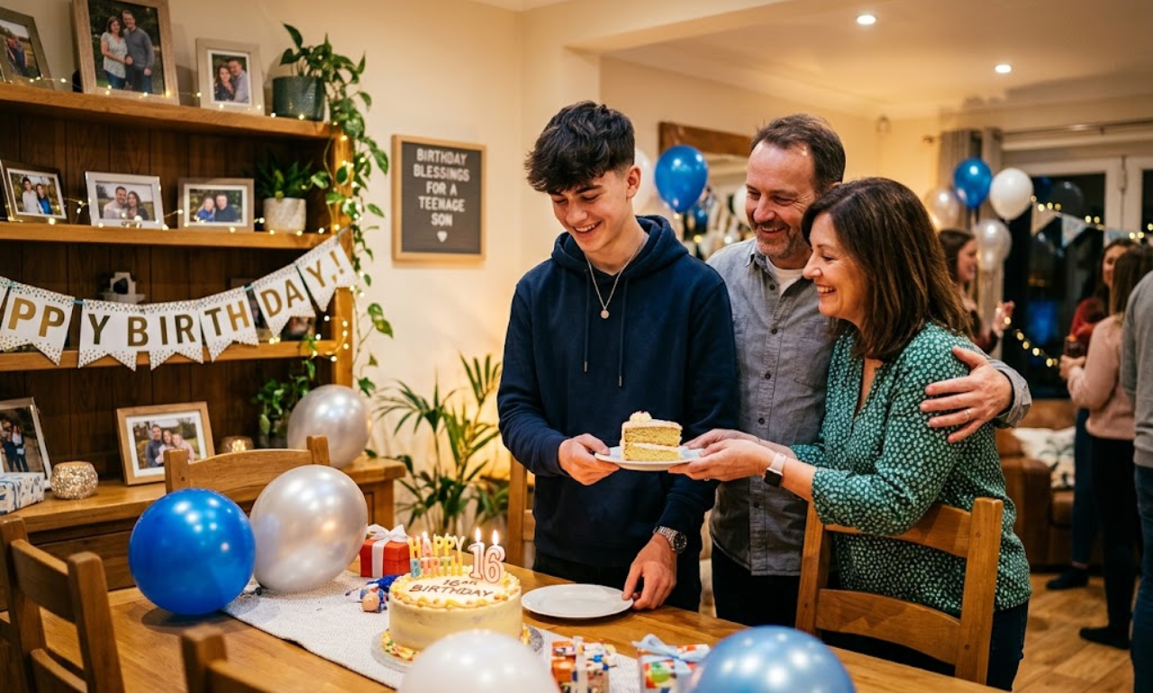 "Heartwarming family moment showing birthday blessings for a teenage son celebrating with cake and decorations."