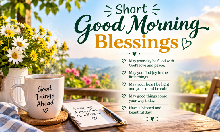 Short good morning blessings quote list next to coffee cup and flowers on balcony table