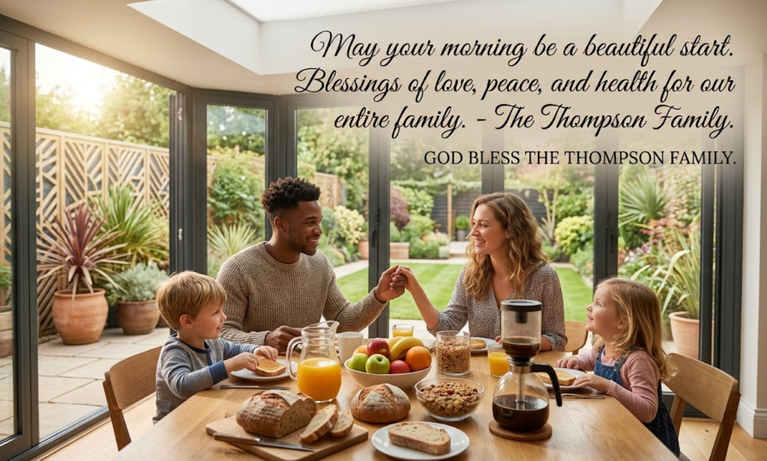 Good morning family blessings image showing parents and children sharing breakfast at home