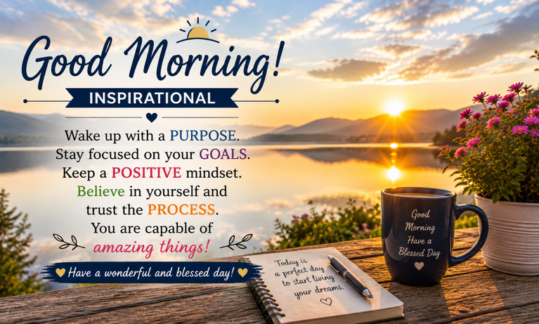 Inspirational good morning wish graphic featuring dark coffee mug on lake wooden deck