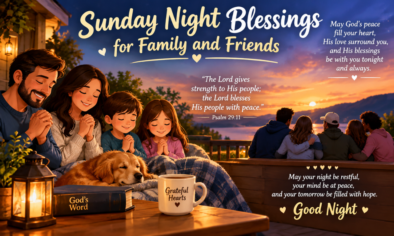 Sunday night blessings for family and friends with a peaceful sunset, praying family, Christian Bible verse, and good night message.