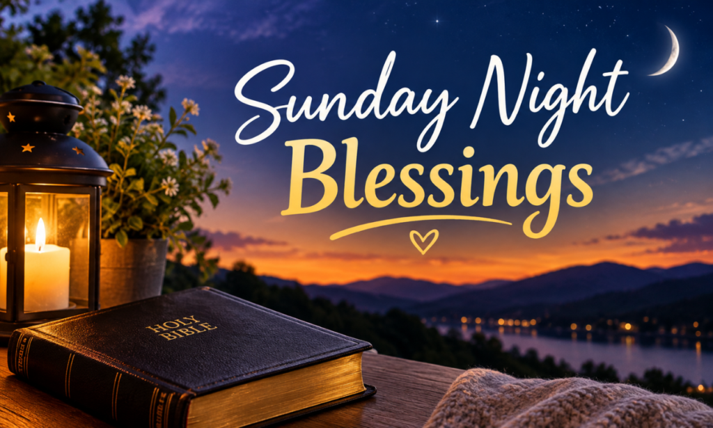 “Sunday Night Blessings” text over a peaceful twilight landscape with a crescent moon, glowing lantern, Holy Bible, flowers, and cozy blanket on a wooden table.