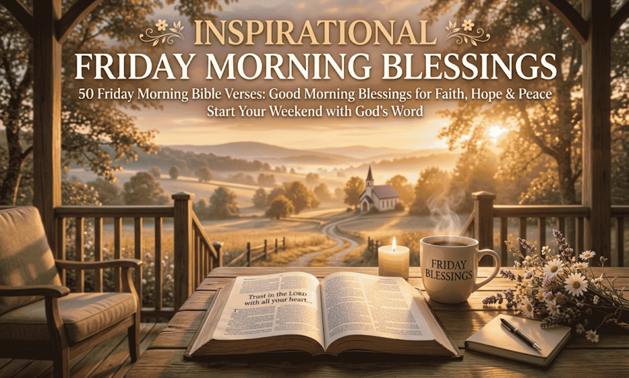 An open Bible, steaming coffee cup, and flowers on a wooden porch table with text overlay reading Inspirational Friday Morning Blessings