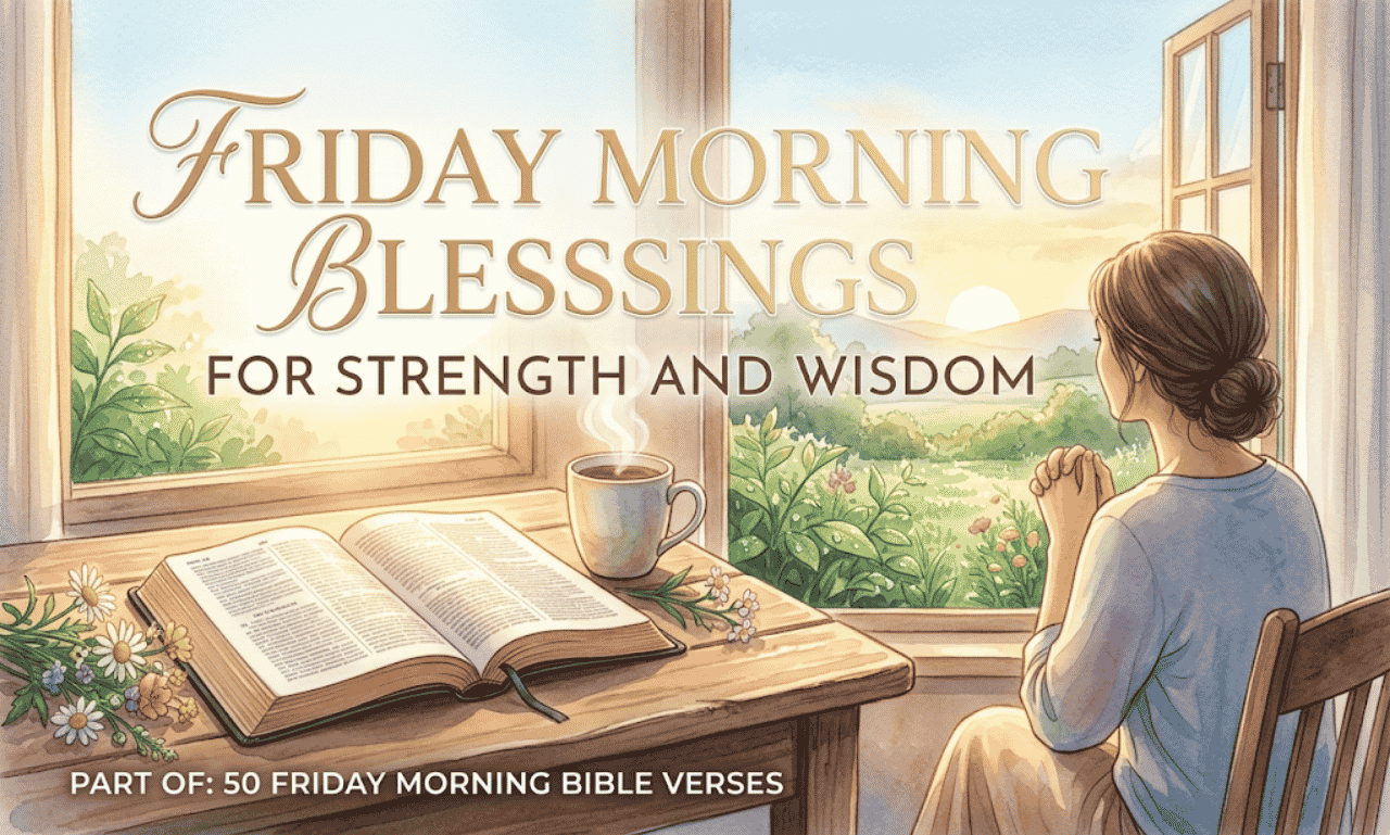 An illustration of a woman praying by a window next to an open Bible with text overlay reading Friday Morning Blessings for Strength and Wisdom.
