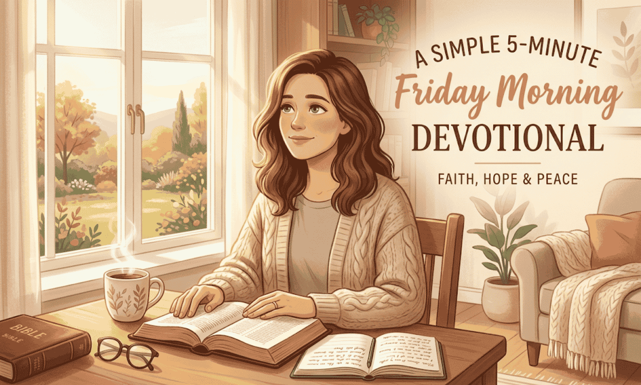 An illustration of a woman studying scripture near a sunlit window with text overlay reading A Simple 5-Minute Friday Morning Devotional: Faith, Hope & Peace.