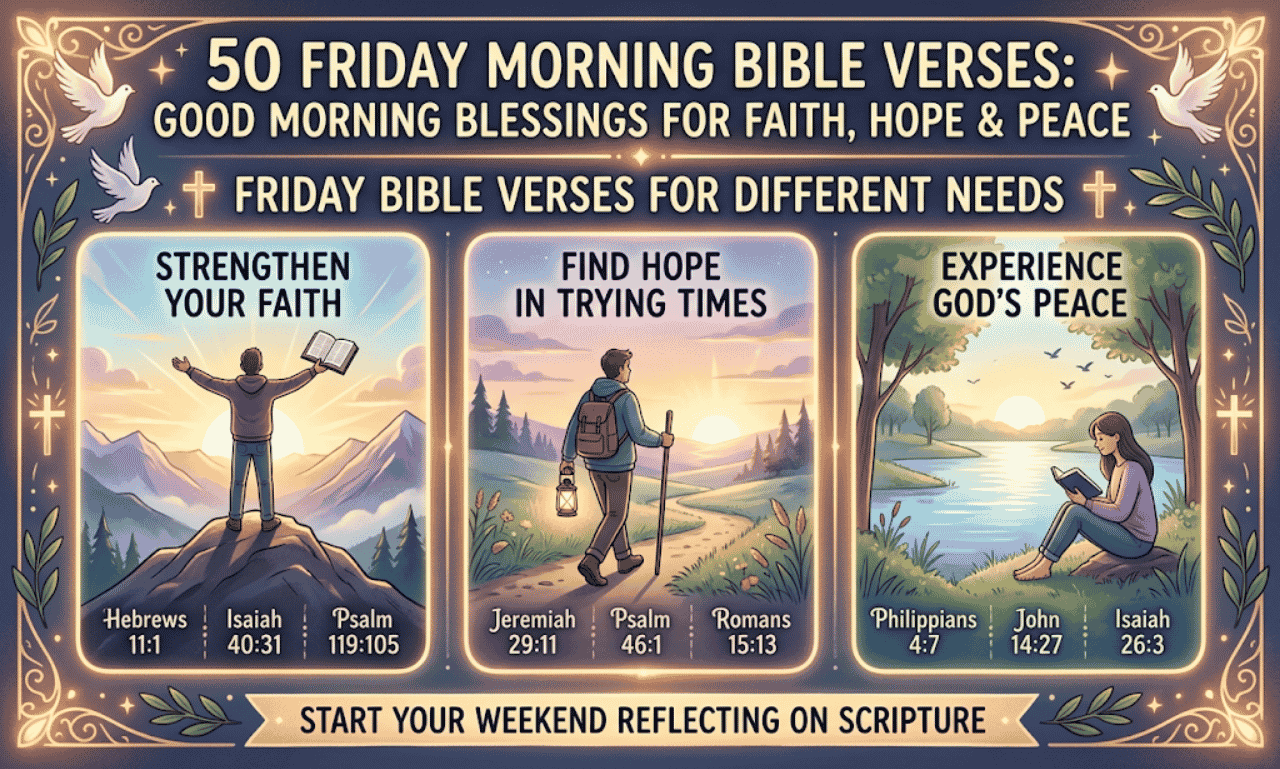 An infographic panel categorizing scriptures for faith, hope, and peace with text overlay reading 50 Friday Morning Bible Verses for Different Needs.