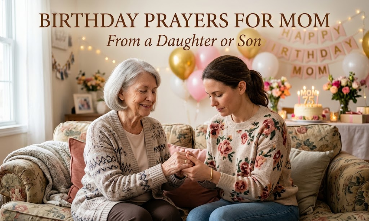 "Adult daughter praying with her senior mother on a couch, featuring text overlay reading 'Birthday Prayers for Mom From a Daughter or Son' in a decorated birthday room."