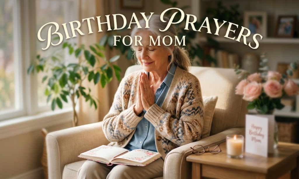 Senior mother praying peacefully with text overlay reading Birthday Prayers for Mom