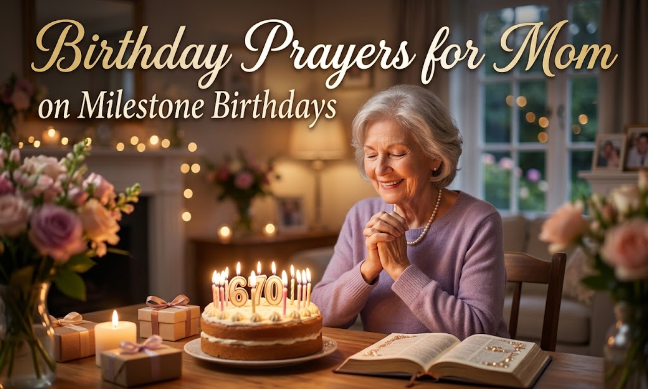 Elderly mother praying with hands clasped over an open Bible, seated in front of a birthday cake with lit candles, under text reading Birthday Prayers for Mom on Milestone Birthdays.