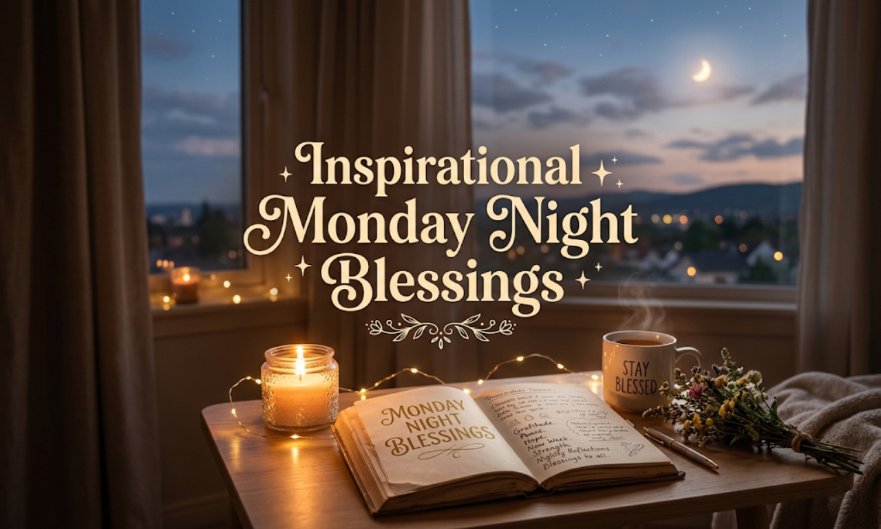 Cozy night scene with a candle, journal, and mug under a starry sky, overlaid with text reading "Inspirational Monday Night Blessings.