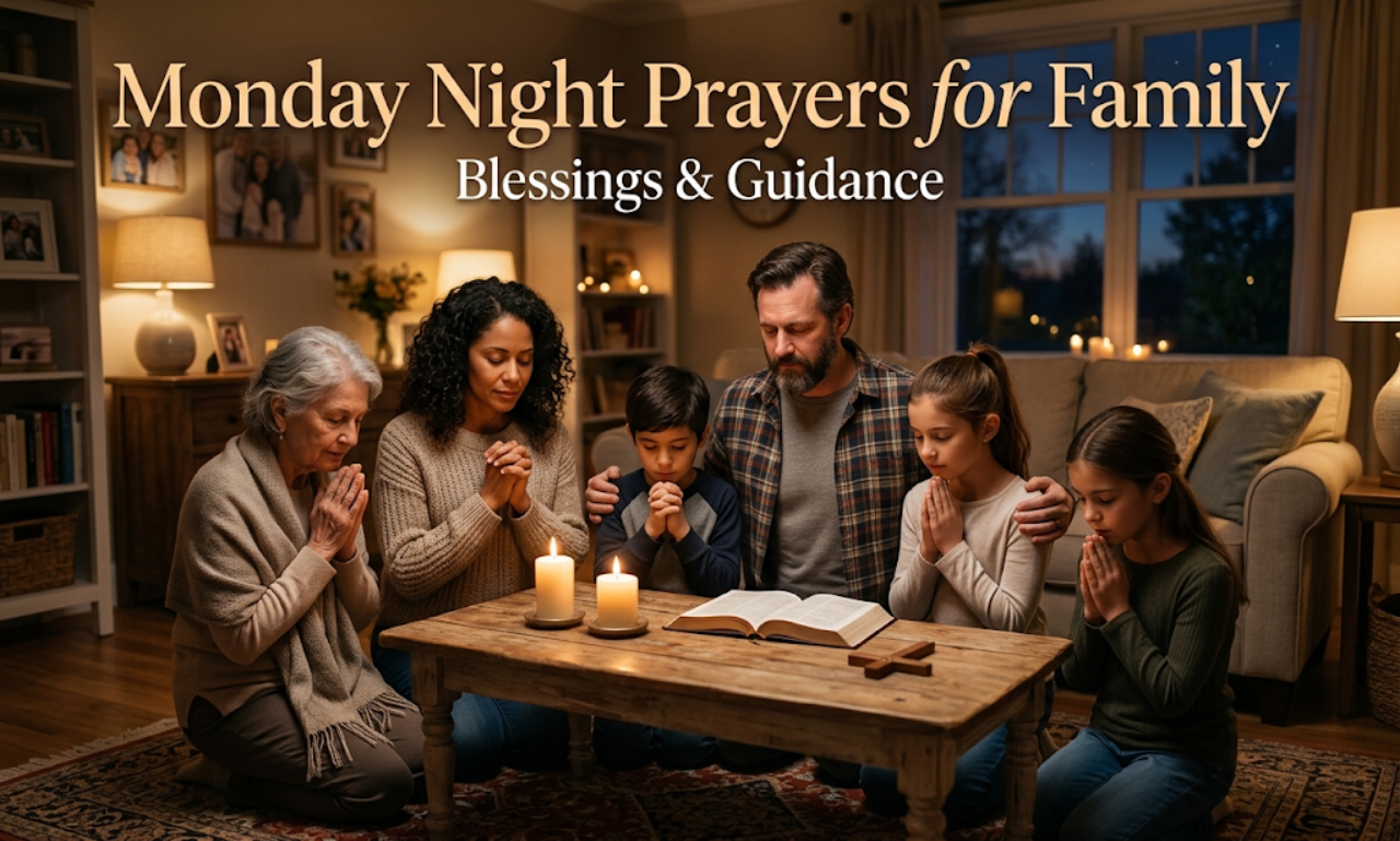 Family gathered together praying around a coffee table with lit candles and a Bible in a cozy living room at night.