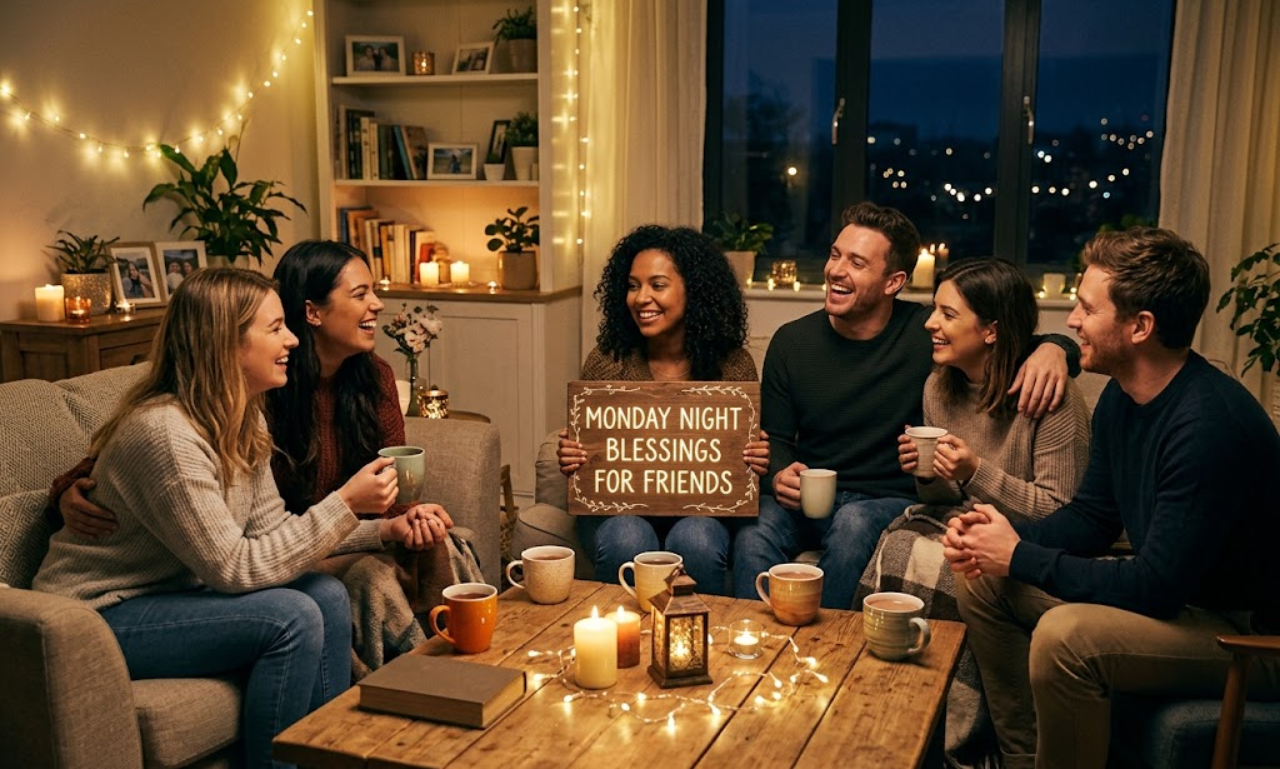 Warmly lit gathering of friends relaxing with warm mugs on a Monday evening with a "Monday Night Blessings for Friends" sign.